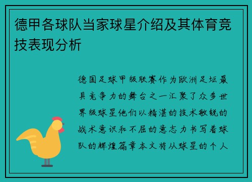 德甲各球队当家球星介绍及其体育竞技表现分析
